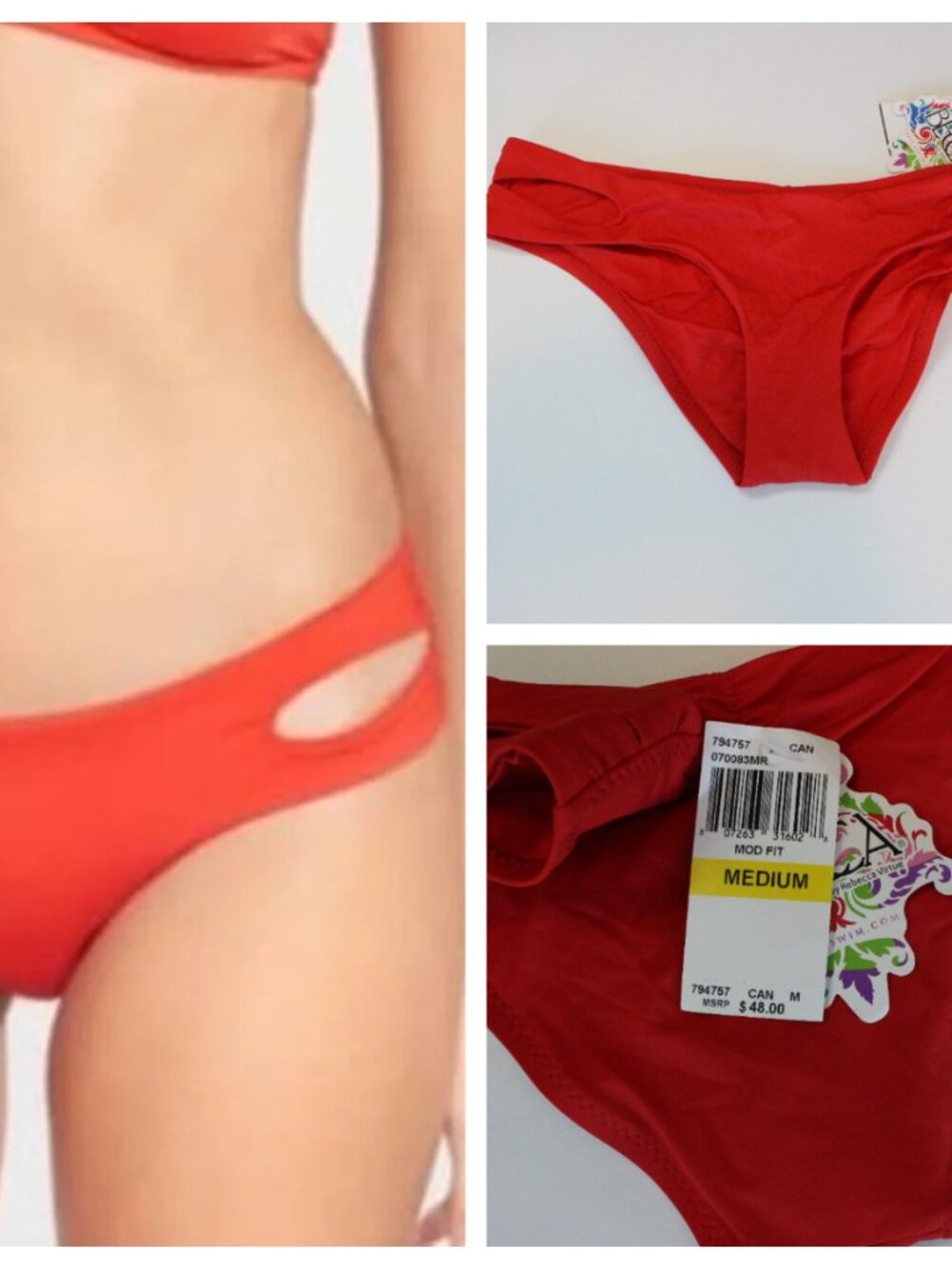 Becca Cut Out Side Tab Bikini Swim Bottom Red Medium NWT